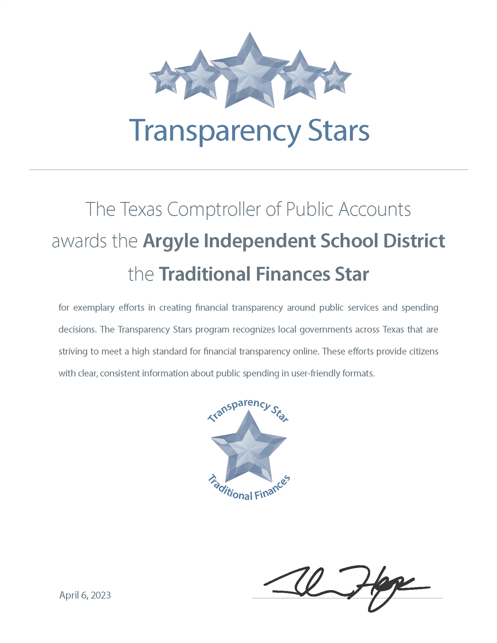 First page of Transparency Stars Traditional Finances Star Award